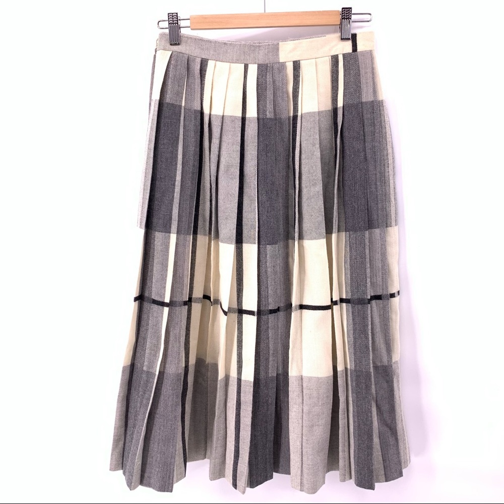 Vtg Evan Picone 100% Pure Wool Plaid Pleated Midi Skirt Gray Size 10.